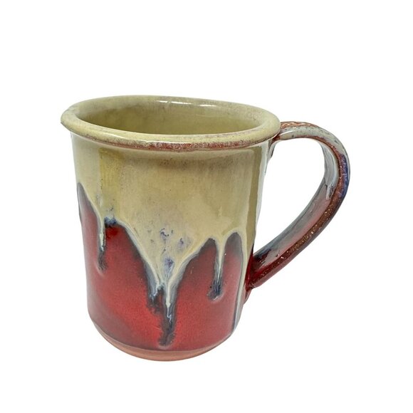 Handcrafted Ceramic Coffee Mug Redware Drip Glaze Rustic Cross Floral Handle - Picture 13 of 16